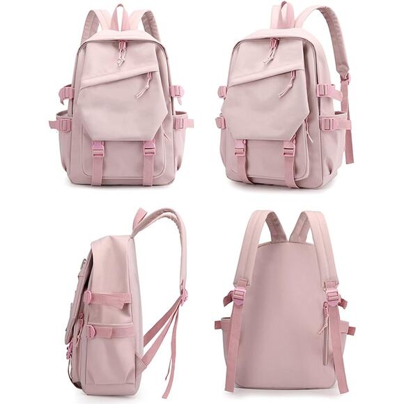 Aesthetic Pink Nylon Backpack with Buckle Straps & Side Pockets Teen, Adult, Kid - Picture 2 of 5